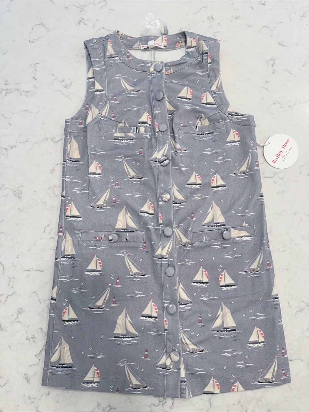 Women’s Sailboat Print Sleeveless Shift Dress- dusty blue- preppy, nautical,